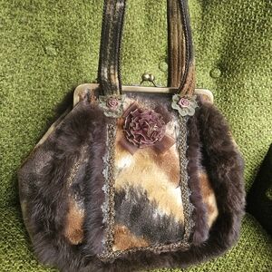 Elegant Fur-Trimmed Women's Medusa Hand Bag. Vintage. Fairy, Boho. Shabby Chic